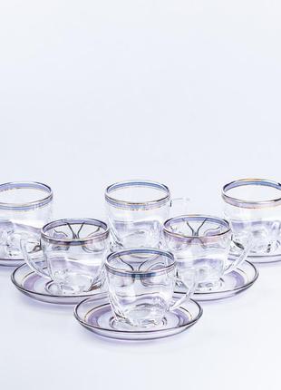 Чашки зі блюдцем скляні прозорі набір на 6 осіб