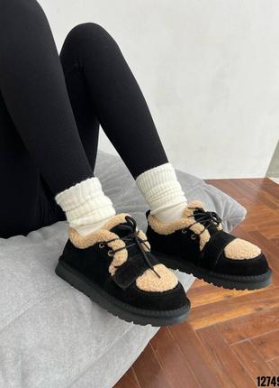 12749 угги короткие натуральная замша+барашка цвет черный+беж