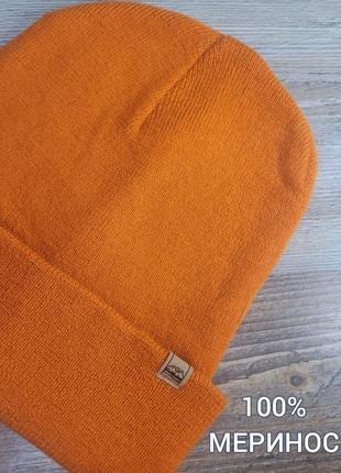 Шапка 100% меринос merino wool двойна бавовняна підкладка помаранчева гарбузовий біні лопата вязаная з логотипом як кашемір заворотом чоловіча жіноча