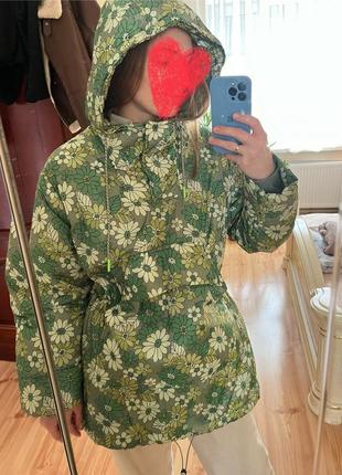 Водоотталкивающий куртка пуфер zara green с цветочным рисунком, размер s-м