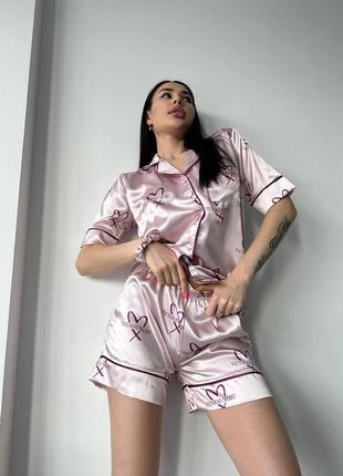 Сатиновый комплект пижама victoria's secret satin short pj set сердечко