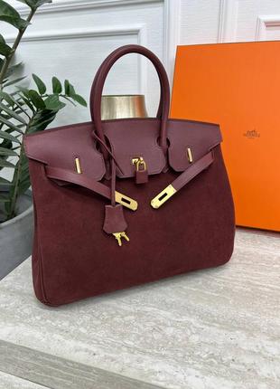 Сумка замшевая кожаная в цвете бордо, дорогой сегмент аааа, в дизайне hermes birkin