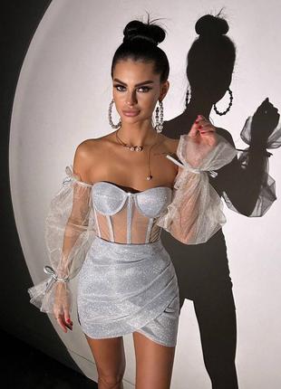 Преміальний сяючий комплект спідниця міні+корсет с м л 42 44 46