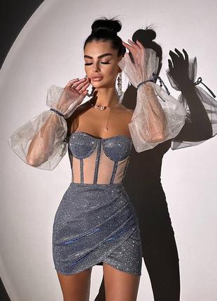 Преміальний сяючий комплект корсет+спідниця міні з люрексу с м л 42 44 46