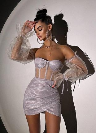 Пудровий сяючий преміальний костюм спідниця міні+корсет с м л 42 44 46