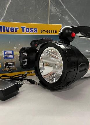 Мощный аварийный ручной фонарь прожектор silver toss st-6688 6000mah аккумуляторный, светильник 10w+28 led