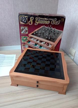 Отличный набор настольных игр 8 в 1 в деревянной коробке