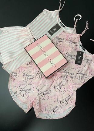 Пижама виктория сикрет, комплект майка шорты шелковый victoria secret satin short pj set, сатиновый комплект v