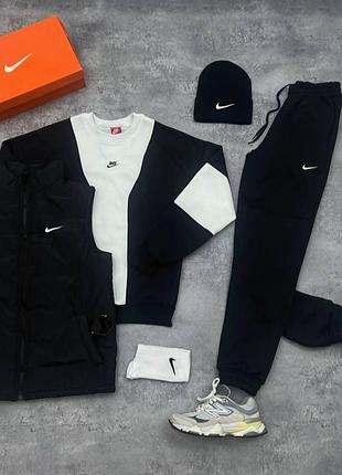 Комплект nike (світшот+штани+шапка+жилетка) чорно-білий