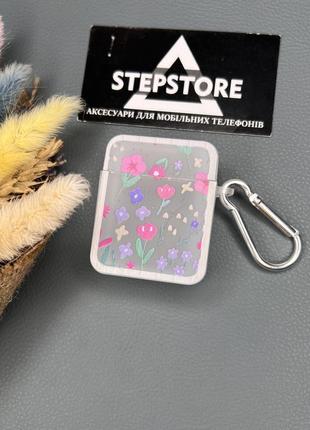 Чехол для apple airpods 1 / 2 с цветочным принтом полупрозрачный матовый квадратный с карабином