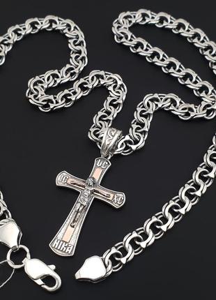 Комплект! мужская массивная серебряная цепочка и крестик с золотом. цепь бисмарк и крест с золотой накладкой