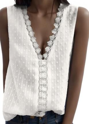 Eur 40-42 біла блуза без рукава літня блузка з мереживом