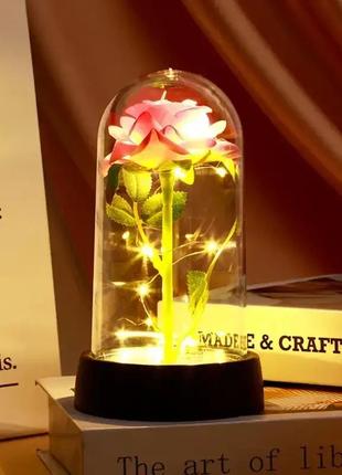Світильник вічна троянда в колбі з підсвіткою червона, led нічник
