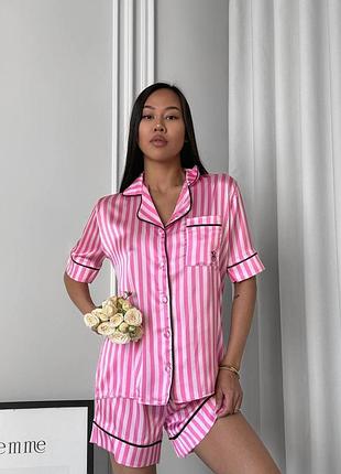 Женская пижама ❤️ victoria’s secret с шортами в полоску розовая