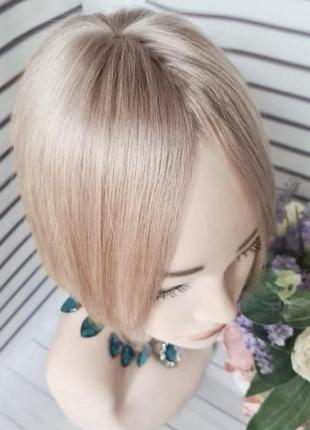 Накладка топер макушка челка 100% натуральный волос седой серый.