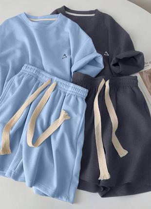 Базовий жіночий костюм з шортами (футболка + шорти) якісна двохнитка. блакитний,графіт, беж, меланж2 фото