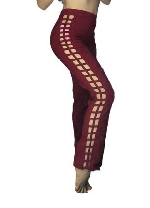 Трендові штани червоні штани з розрізами вінтаж з боків розпірки розрізи дірки висока