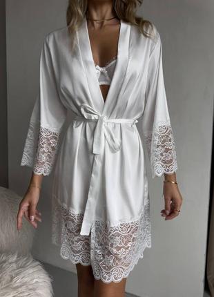 Кружевной белый халатик, шелковый белый халатик