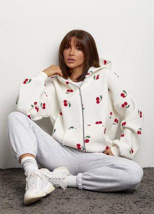 Женское оверсайз зип-худи с вишнями худи женская теплая
