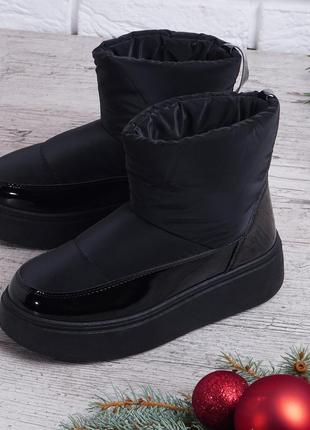 Дутики женские на платформе black gloss черные на меху, черный, 39