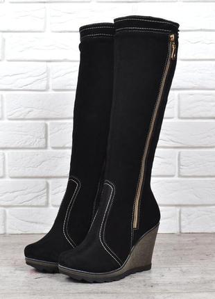 Сапоги женские зимние замша на овчине украина черные на танкетке, черный, 40