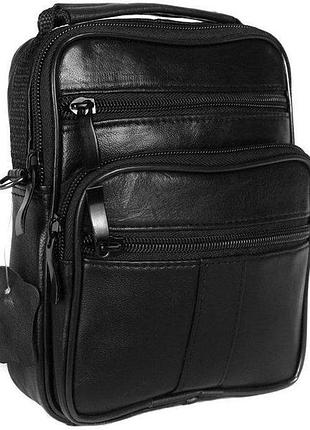 Сумка мужская кожаная с ручкой и длинным ремнем средняя черная украина