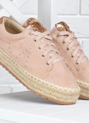 Кеды женские эспадрильи на плетенной платформе pink sneakers пудра золото, розовый, 39