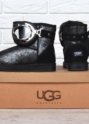 Угги женские кожаные ugg Чоботи australia с очками черные серебро, черный, 38