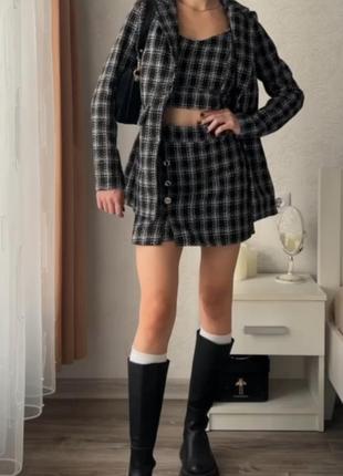 Стильный классический костюм тройка из качественного твида, твидовый костюм топ пиджак юбка шорты