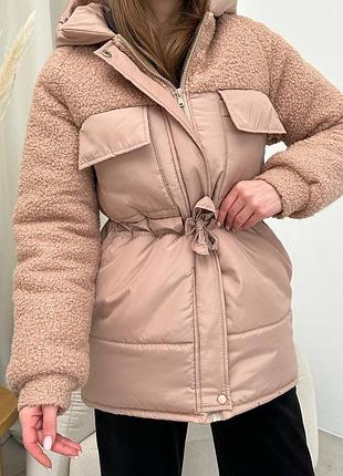 Подовжена куртка зі вставками тедді