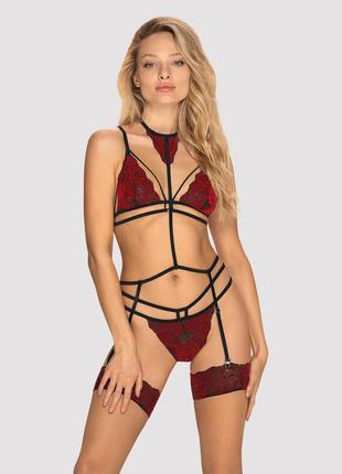 411010 комплект мереживний з поясом для панчох obsessive sugestina 3-pcs set l/xl  18+