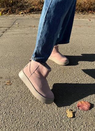 Мини угги итальянская замша пудра высокая платформа
