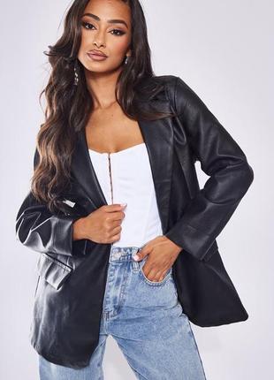 🤩1+1=3** стильный черный женский пиджак жакет под кожу prettylittlething, размер 42 - 44