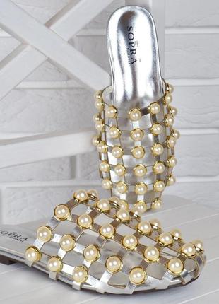 Сабо женские мюли с жемчугом серебристые шлепанцы queen's pearls, серебряный, 41