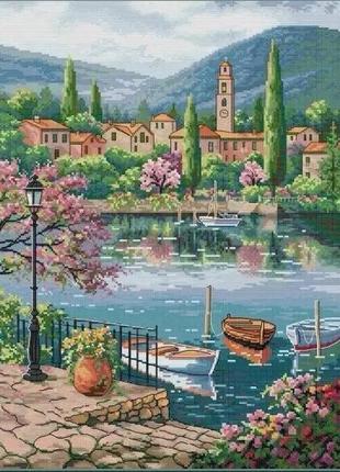 Набор для вышивания крестиком " тихое городское озеро с лодками", размер 42 х 52 см