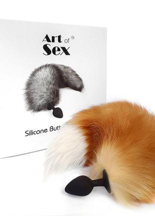 Силіконова анальна пробка з хвостом із натурального хутра art of sex size m red fox