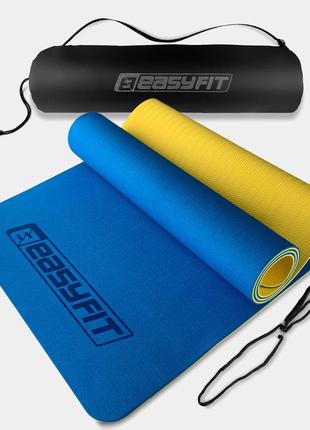 Килимок для йоги та фітнесу easyfit tpe+tc 6 мм двошаровий + чохол синій-жовтий