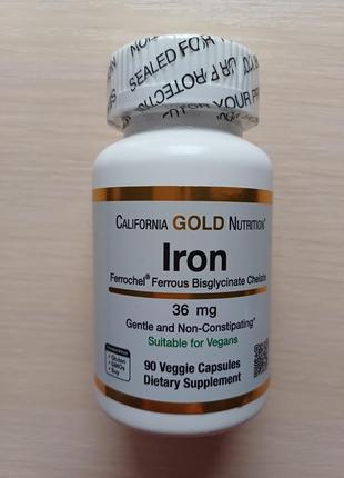 Залізо (бісгліцинат), 36 мг, 90 капсул, california gold usa iherb, железо