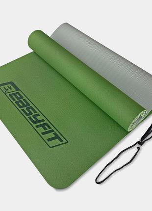 Килимок для йоги та фітнесу easyfit tpe+tc 6мм двошаровий зелений-сірий