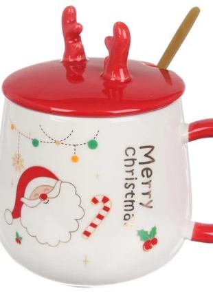 Чашка керамическая новогодняя 360мл 9см * 6см с крышкой и ложкой