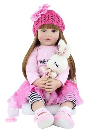 Кукла с игрушкой зайчик большая виниловая ручной работы с настоящими волосами и глазами-  reborn baby doll