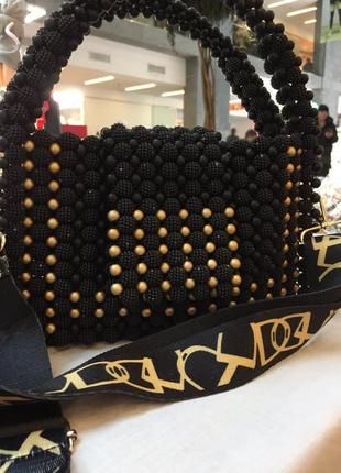 Сумка из черных матовых бусин "ежевика" с золотом