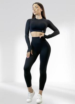 Костюм для фитнеса женский lilafit комплект лосины пуш ап и топ с длинным рукавом черный s (lfs000125)