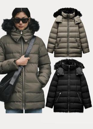 Пуховик zara чорний/хакі xs/xxl