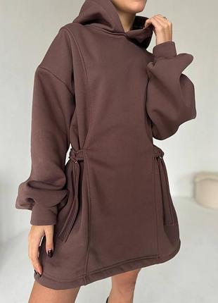 Женская теплая худи-платье с затяжками на талии на флисе с капюшоном, длинной худи, худи-платье