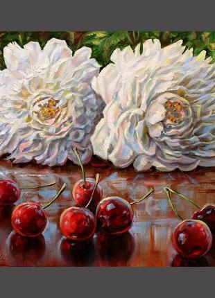 Картина масляными красками пионы и черешня