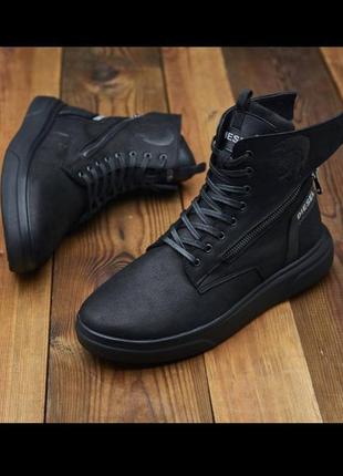 Зимние кожаные кроссовки на меху, спортивные ботинки  diesel black wing