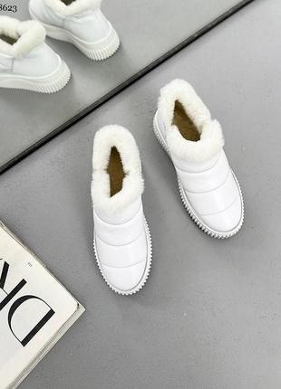 Белые зимние кожаные дутики автоледи