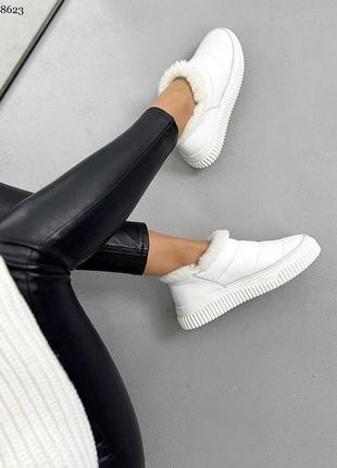 Белые зимние кожаные дутики автоледи