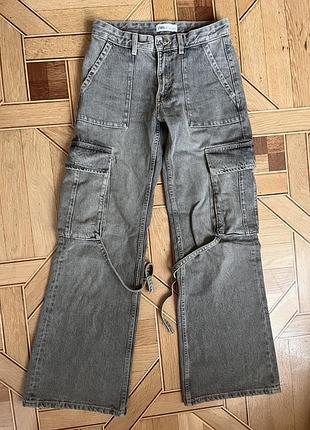 Женские карго джинсы zara 34 размер xs-s с карманами широкие серые